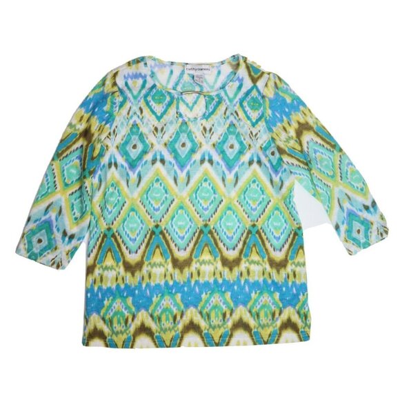 WOMEN'S GREEN & YELLOW PRINT STRETCH KNIT 3/4 SLEEVE BLOUSE - CATHY DANIELS - M - Picture 2 of 4